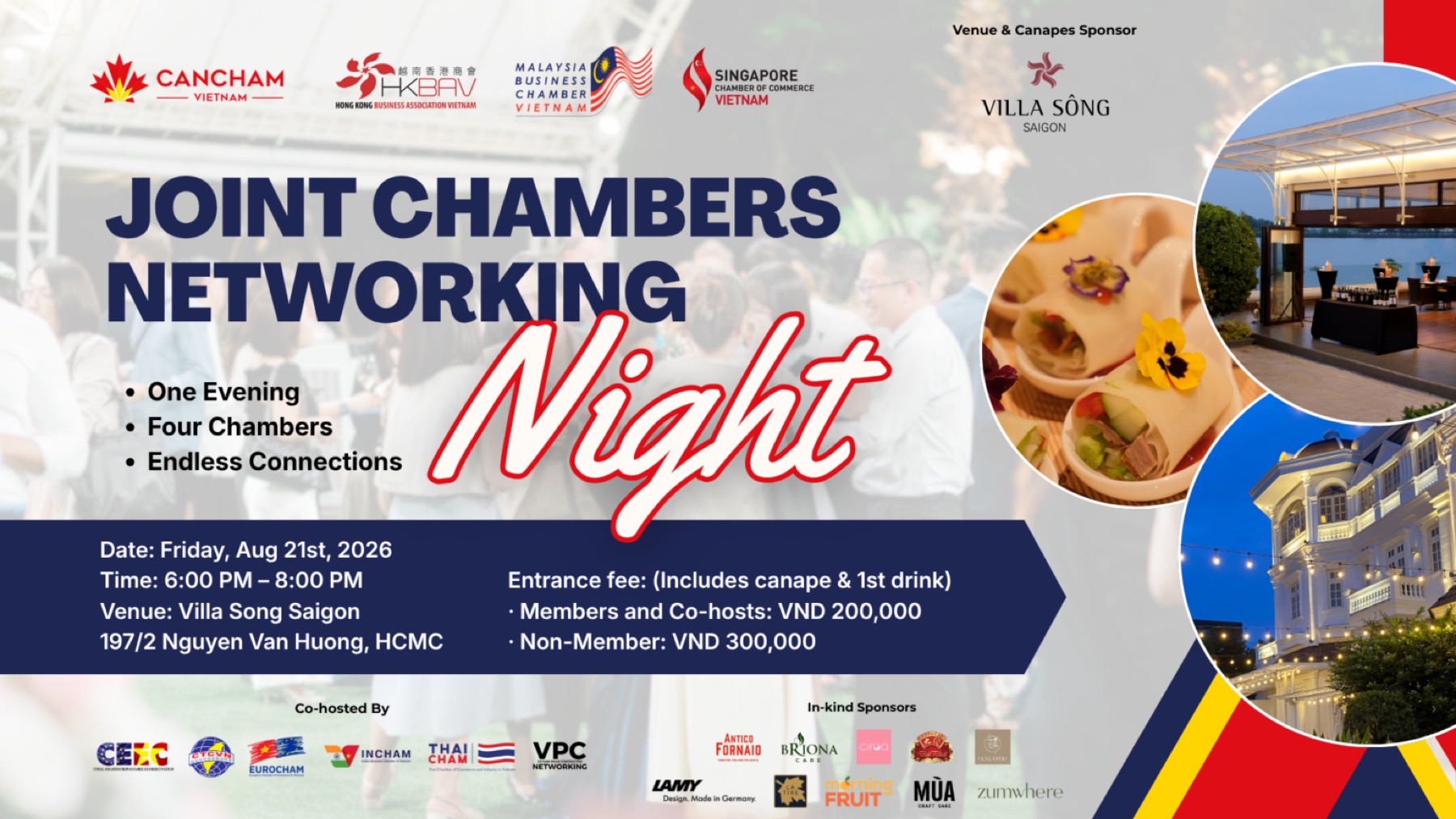 Joint Chambers Networking Night 2026 August 21 @ 6:00 PM to 8:00 PM Villa Song Saigon…